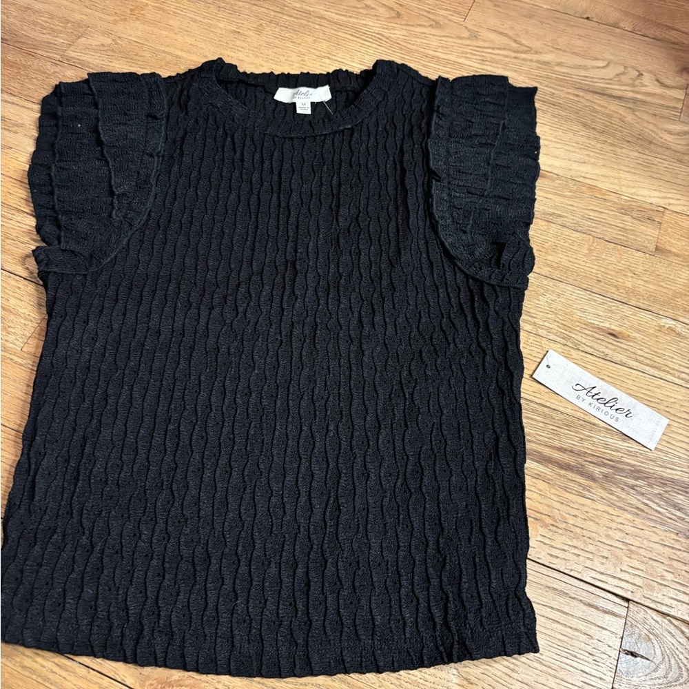 Atelier NWT Black Cable-Knit Ruffle Sleeve Tank